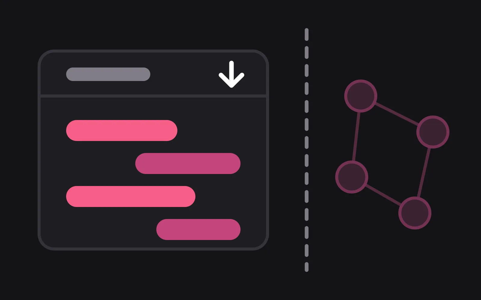 A file panel holding four chat bubble rows in the deepest colour with a white download arrow in its header, cut off by a dashed vertical line from a dim cluster of four linked circles left on the far side