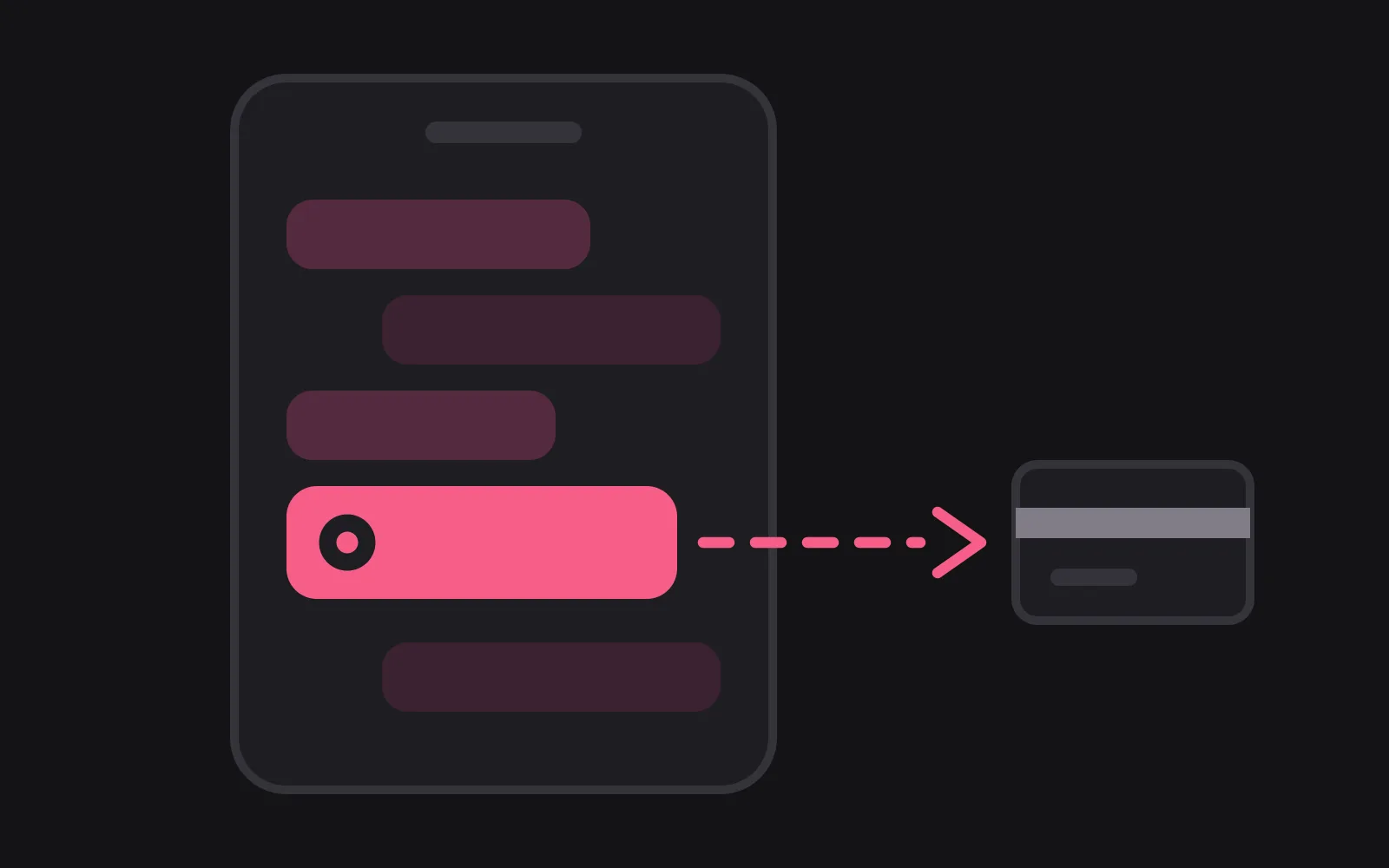 A column of chat bubbles inside a phone frame, one of them wider and in the deepest colour with a coin drawn inside it, a dashed path running from that bubble to a payment card
