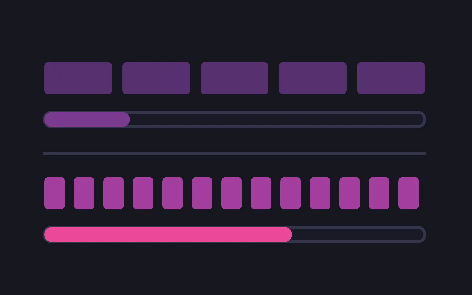 Two rows spanning the same width: five wide blocks above a barely filled meter, and thirteen narrow blocks above a meter filled much further in the deepest colour