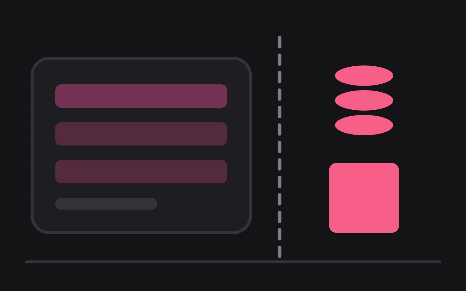 A rounded panel of filled rows on the left, a dashed vertical line beside it, and on the right a stack of three coins and a tall block, both in the deepest colour, standing outside the line