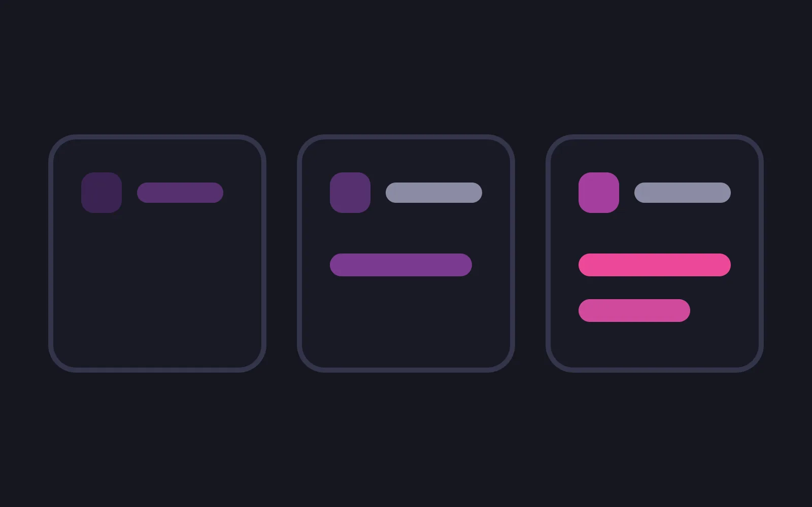Three notification cards side by side, the left one showing only an icon and a short bar, the middle one adding a line of message text, the right one showing two full lines in the deepest colour
