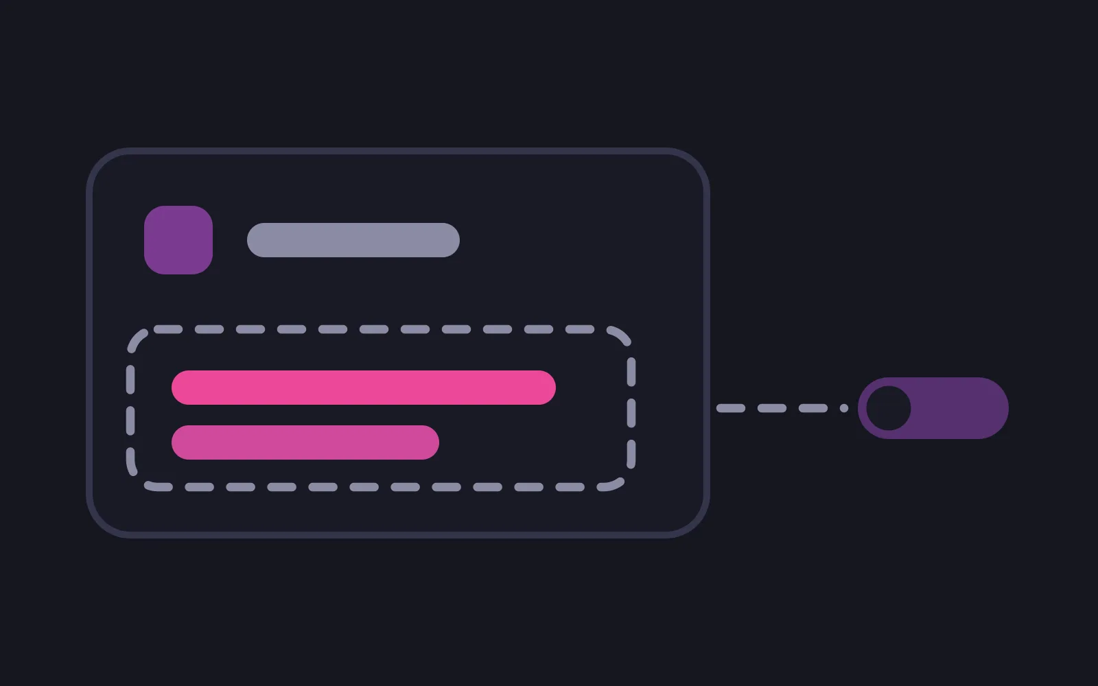 A notification card with a sender row of an icon and a grey bar at the top, and below it a dashed boundary enclosing two lines of message text in the deepest colour, with a dashed line running out to a switch in the off position