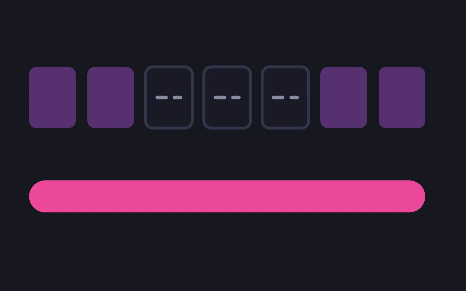 A row of seven day tiles with the middle three drawn empty and outlined, above a single unbroken bar in the deepest colour running the full width beneath all seven