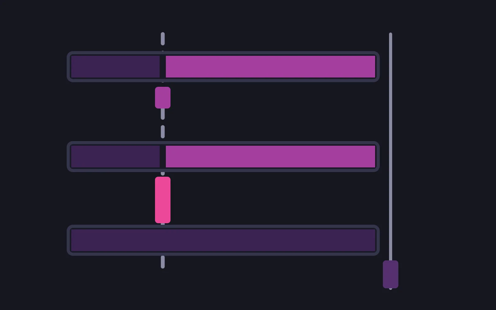 Three horizontal bars crossed by the same dashed vertical line, each with a block of different height hanging beneath the line, the tallest in the deepest pink, and the third bar unchanged with its block hanging at a solid line near the right edge