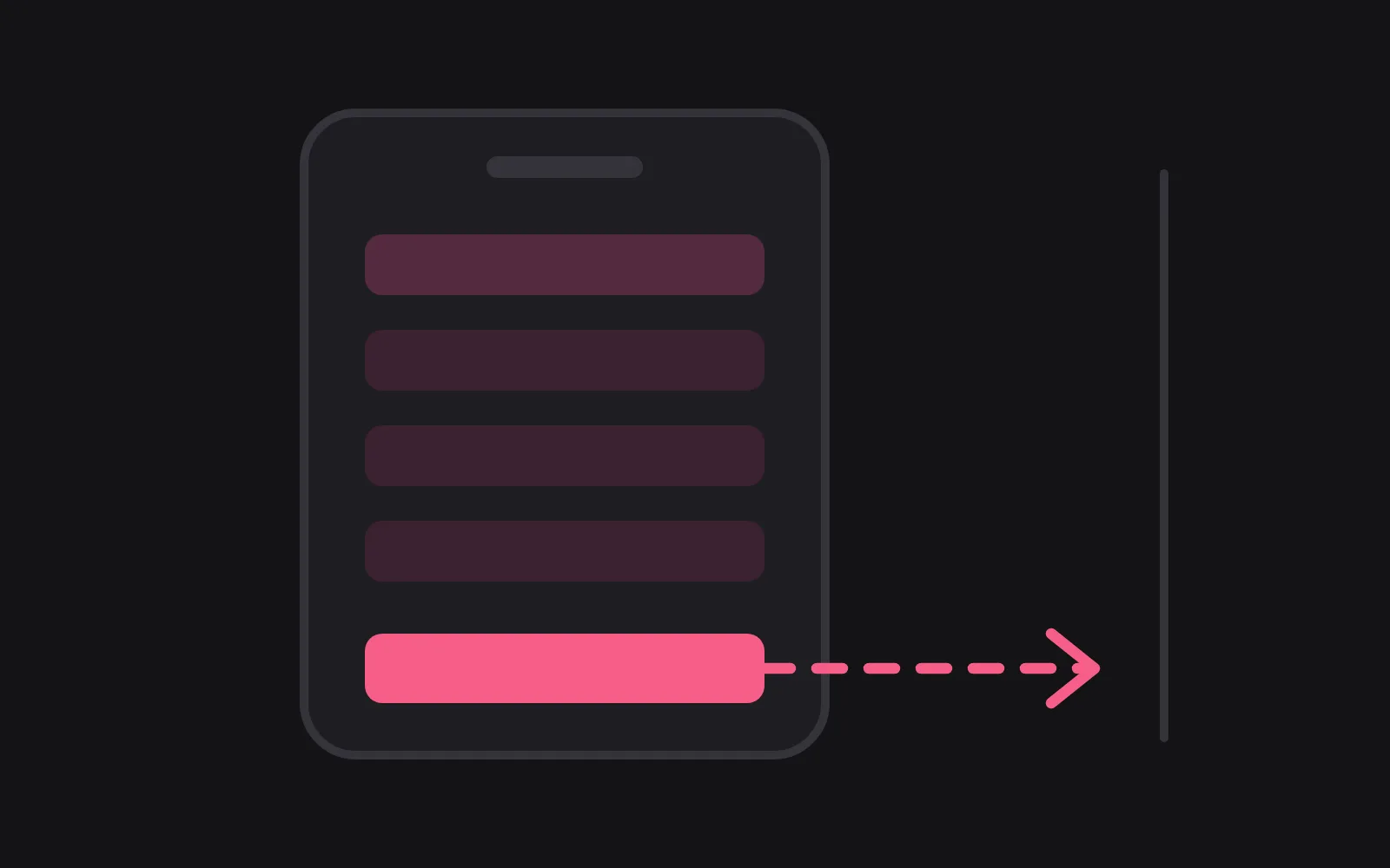 A phone frame with a list of account rows; the bottom row is picked out in the deepest colour and a dashed path leads from it off the right edge of the frame