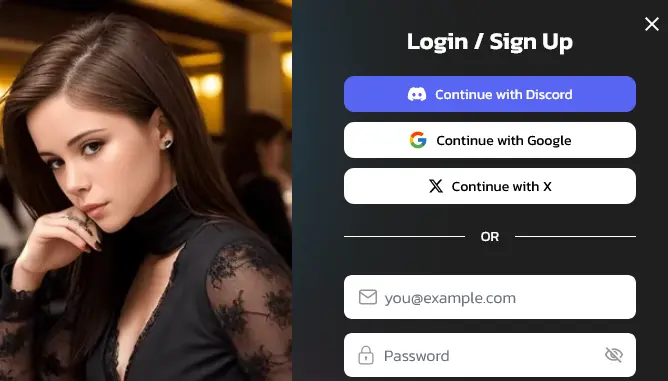 Kupid AI Login / Sign Up window with Continue with Discord, Google and X buttons, then email and password fields